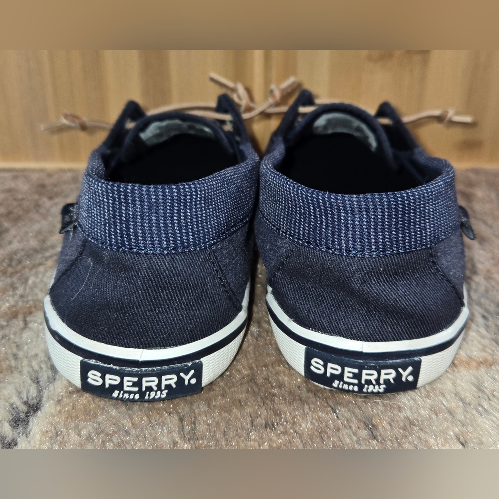 Sperry Top Slider Navy White Trim Tan Lace Boat Shoe sz 6.5 - Picture 3 of 4